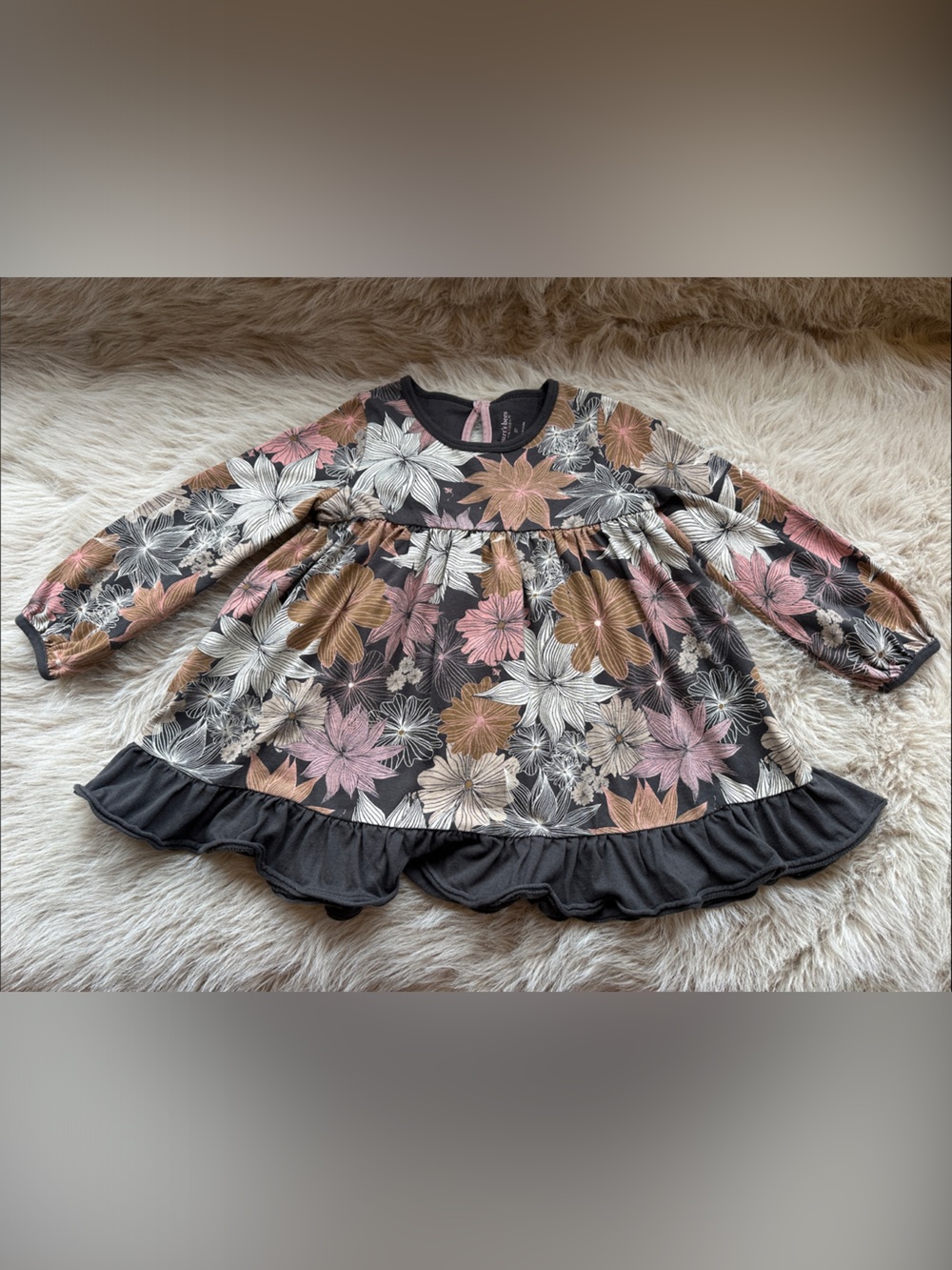 Burt’s Bees Kids Floral Ruffle Hem Long Sleeve Dress Pink & Brown Flowers